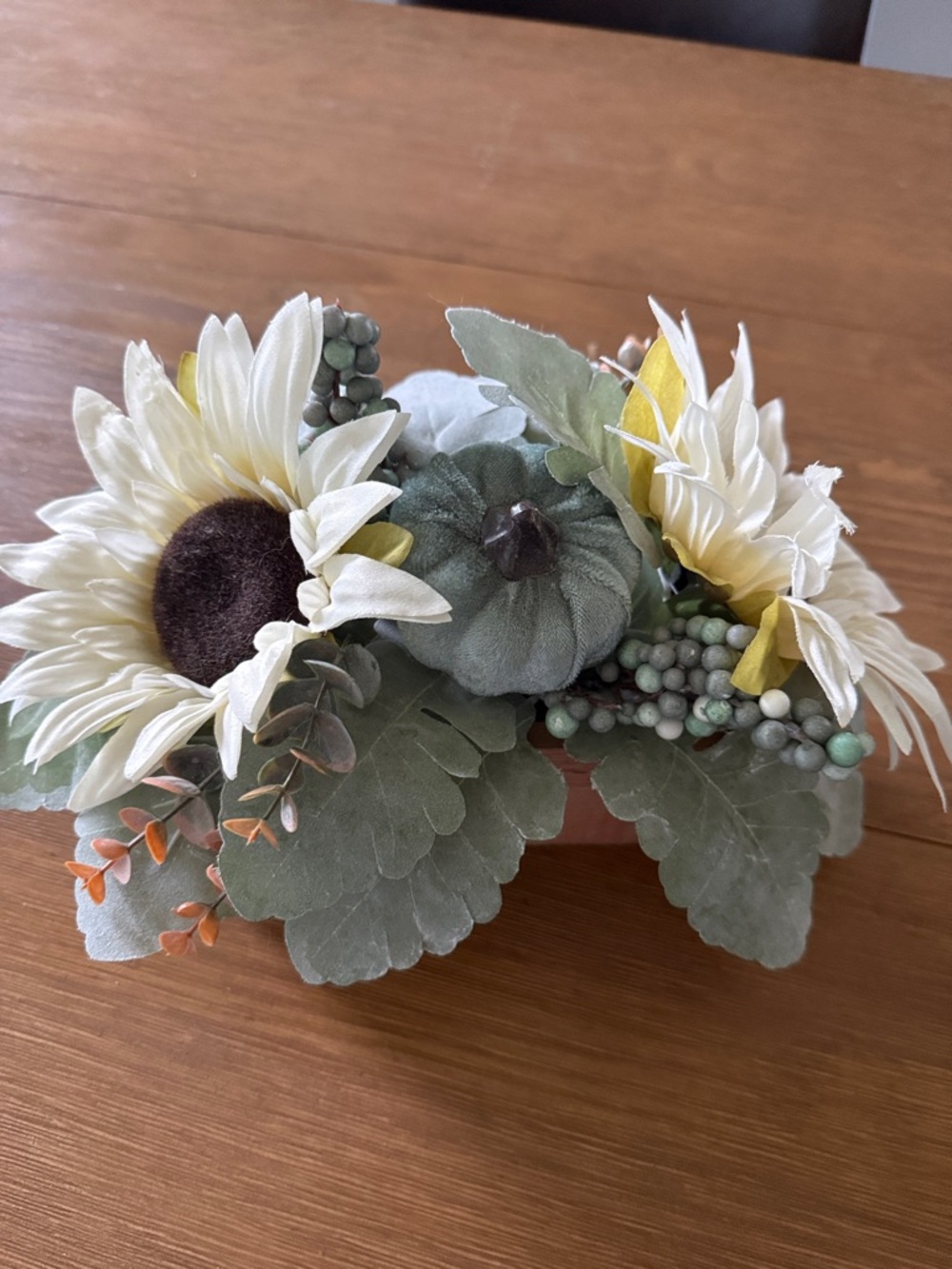 Artificial Sunflower & Green Pumpkin Table Centerpiece - White and Sage